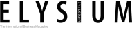 The image features a Header Template with the word “ELYSIUM” in large, bold, black letters. The letter "I" has a vertical black rectangle with "LIFESTYLE" in white. Beneath it, smaller text says "The International Business Magazine.