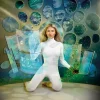 A woman in a futuristic white bodysuit kneels on a platform, surrounded by transparent digital screens. Inspired by Natalia Giacomino, green light swirls from her hand as cosmic and Earth-like scenes unfold through floating oval windows.