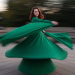 A woman in a flowing green dress spins outdoors, embodying authentic living. The swirling motion and blurred greenery capture her serene focus, highlighting the dynamic sweep of her dress and the freedom of living authentically.