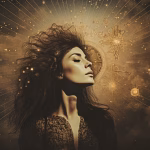 A serene woman with wavy hair stands against a celestial background, eyes closed and head tilted back. Golden stars and cosmic patterns evoke a mystical atmosphere, as if she’s channeling the ethereal energy of 2026 New Year Predictions.