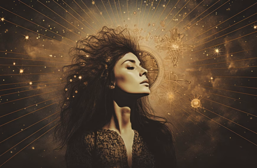 A serene woman with wavy hair stands against a celestial background, eyes closed and head tilted back. Golden stars and cosmic patterns evoke a mystical atmosphere, as if she’s channeling the ethereal energy of 2026 New Year Predictions.